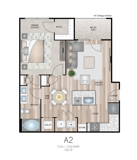 Floor plan for 1 bed, 1 bath, 743 sqft
